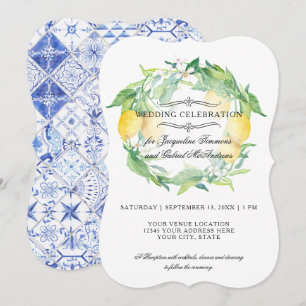 Citrus Foliage Rustic Blue White Tile (Citron-Blom Inbjudningar