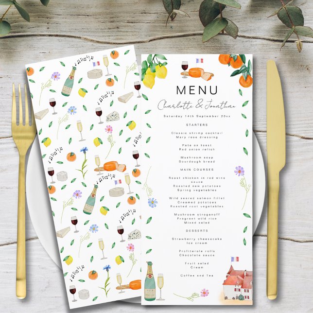 Citrus Fransk Boho Bröllop Meny (French citrus boho watercolor wedding menu with wine and french cheese, musical notes, florals )