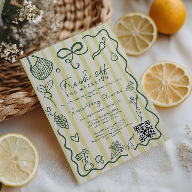 Citrus Fresh Off the Market Hand Drawn QR Bridal Inbjudningar (Citrus Fresh Off the Market Hand Drawn QR Bridal Invitation)