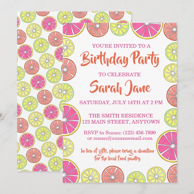 Citrus Fruit Lemon Lime Orange Grapefruit Party Inbjudningar (Fram/baksida)