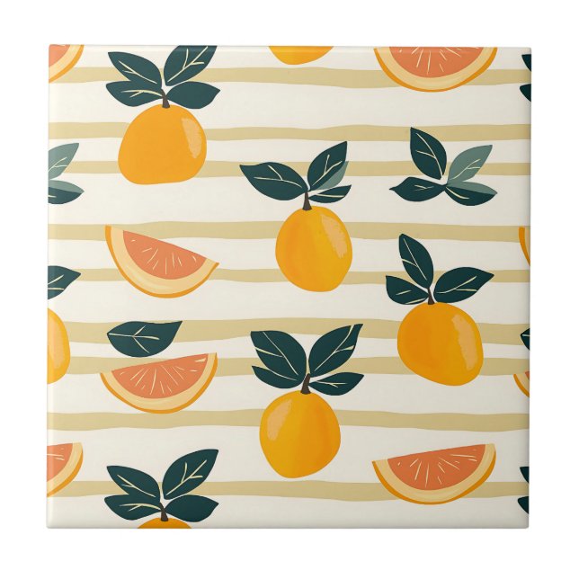 Citrus Fruit Mönster med Grönt Löv (4) Kakelplatta (Framsidan)
