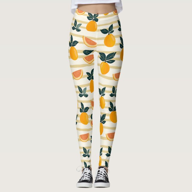 Citrus Fruit Mönster med Grönt Löv (4) Leggings (Framsida)