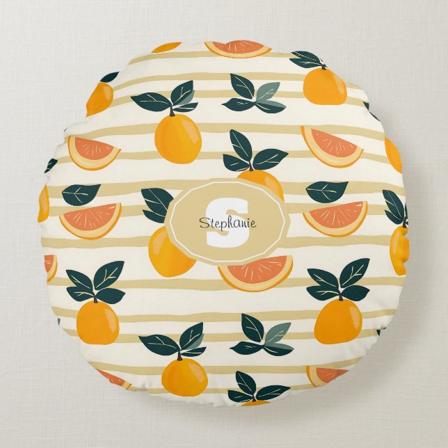 Citrus Fruit Mönster med Grönt Löv (4) Rund Kudde (Framsidan)