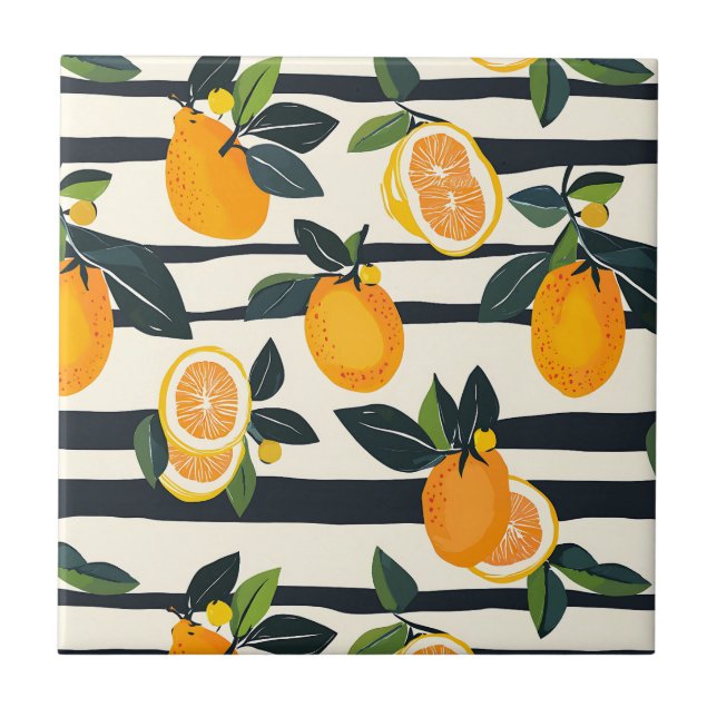 Citrus Fruit Mönster med Grönt Löv (5) Kakelplatta (Framsidan)