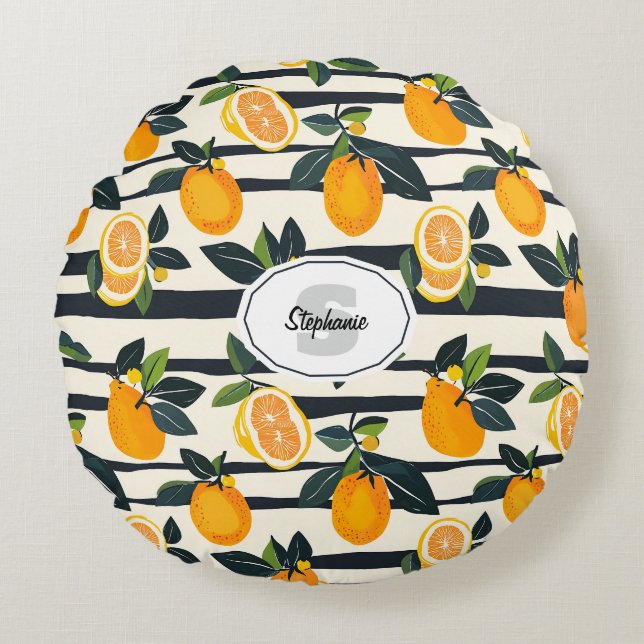 Citrus Fruit Mönster med Grönt Löv (5) Rund Kudde (Framsidan)