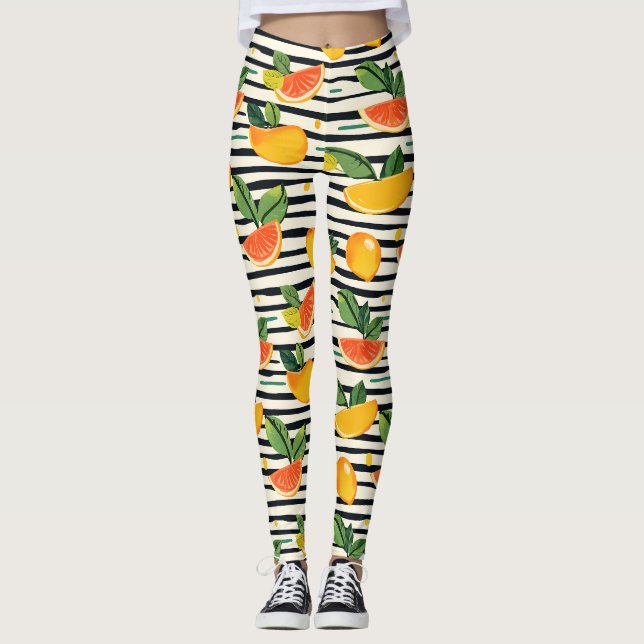 Citrus Fruit Mönster med Grönt Löv (6) Leggings (Framsida)