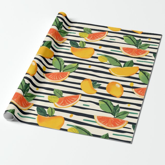 Citrus Fruit Mönster med Grönt Löv (6) Presentpapper (Utrullad)