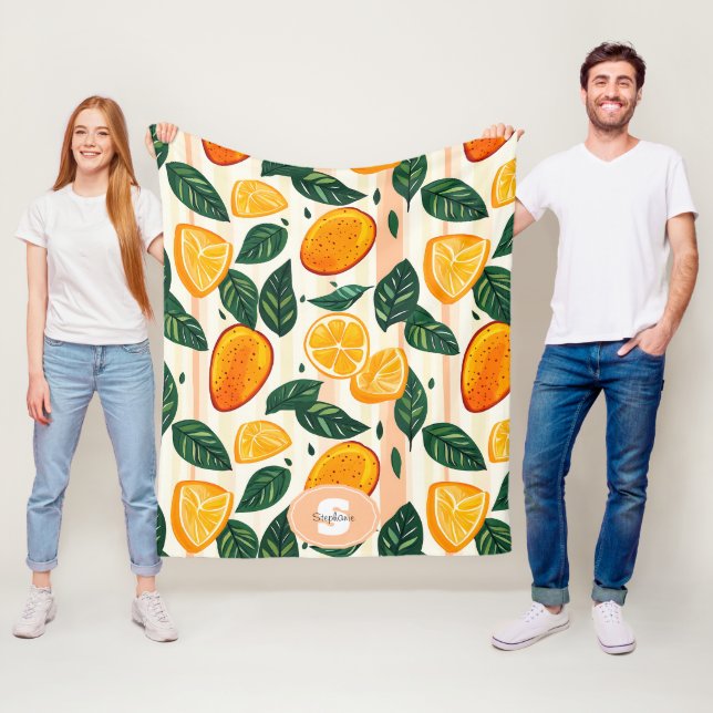 Citrus Fruit Mönster med Grönt Löv Fleecefilt (På plats)