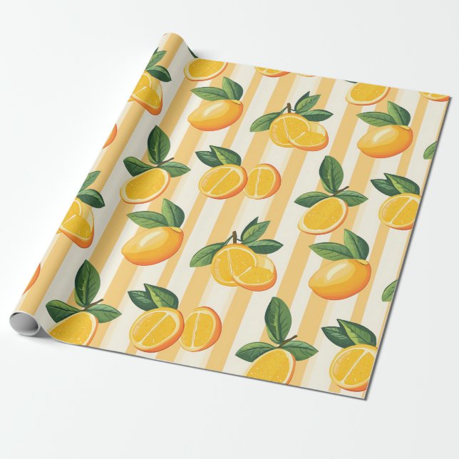 Citrus Fruit Mönster med Grönt Löv () Presentpapper (Utrullad)