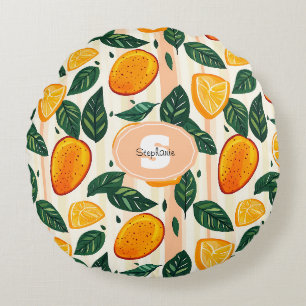 Citrus Fruit Mönster med Grönt Löv Rund Kudde