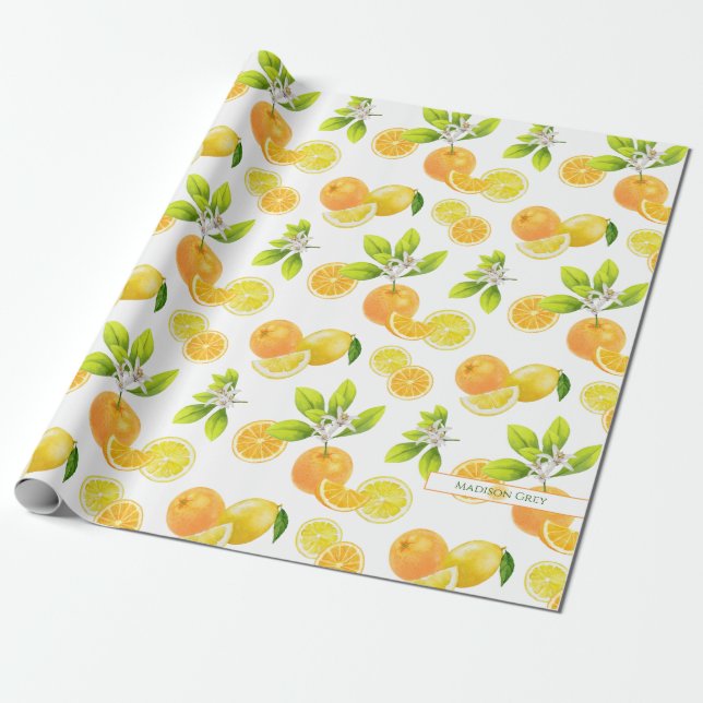 Citrus Fruits Art Oranges and Lemons Patten Presentpapper (Utrullad)