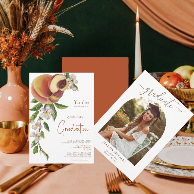Citrus Fruits Blommigt Peach Photo Studenten Inbjudningar (Create a Unique Graduation Invitation with Citrus Fruits and Floral Design!)