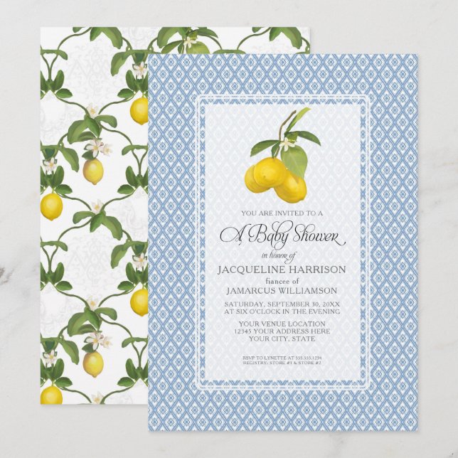 Citrus Garden Lemon Trellis Mönster Baby Shower Inbjudningar (Fram/baksida)