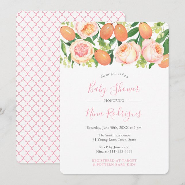 Citrus Garden Ro Quatrefoil Girl Baby Shower Inbjudningar (Fram/baksida)