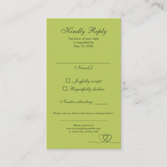 Citrus Green Elegant Calligraphy Wedding RSVP Card Visitkort (Framsida)