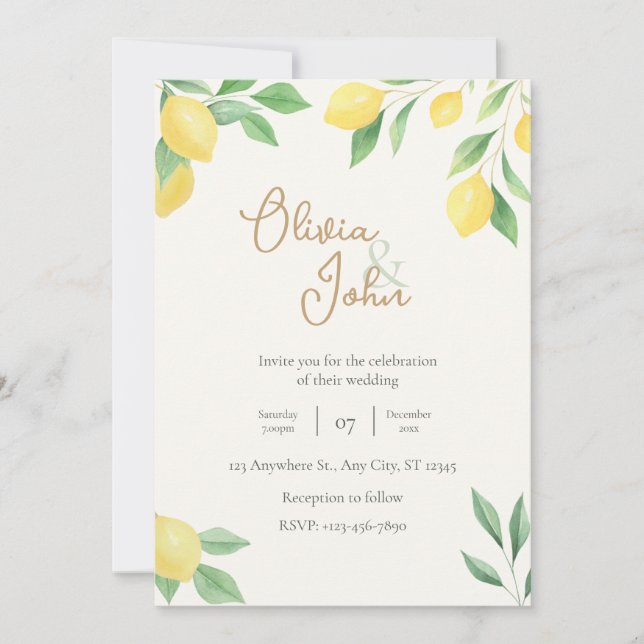 Citrus Green Lemon Wedding Invitation Photo Back Inbjudningar (Framsida)