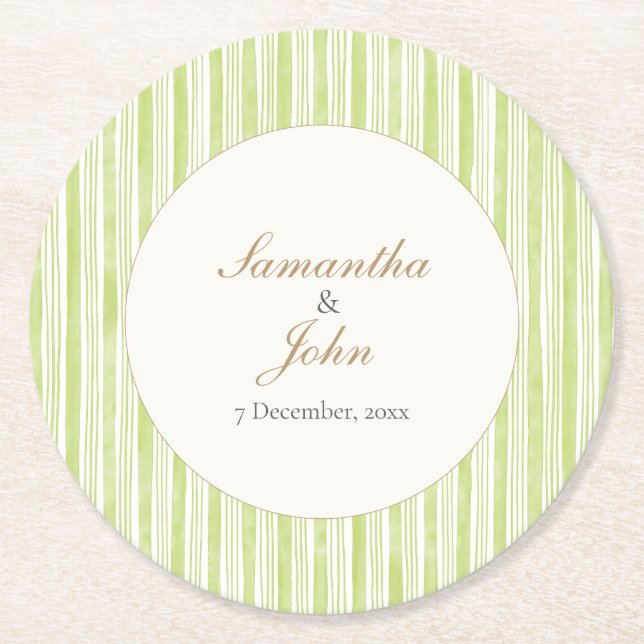 Citrus Green Striped Couple Name Retro Wedding Underlägg Papper Rund (Framsidan)