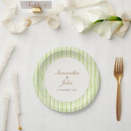 Citrus Green Striped Retro Wedding Paper Plates