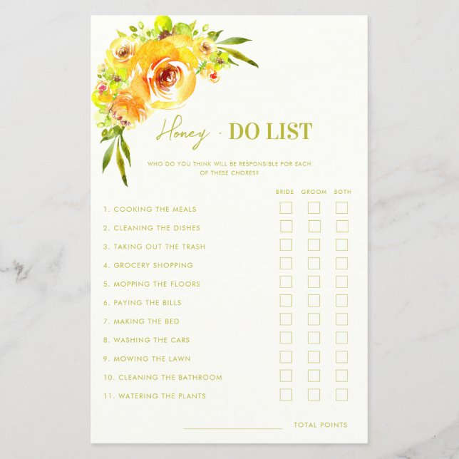 Citrus Green Yellow Floral Honey Do List Game (Framsida)