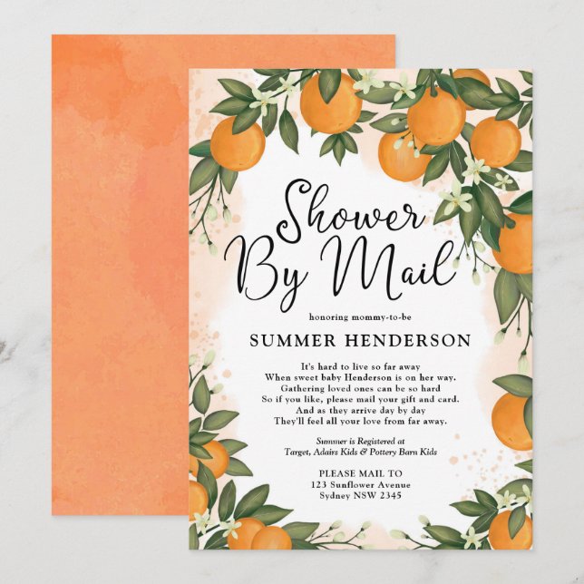 Citrus Greenery Baby Shower by Mail (Orange) Inbjudningar (Fram/baksida)