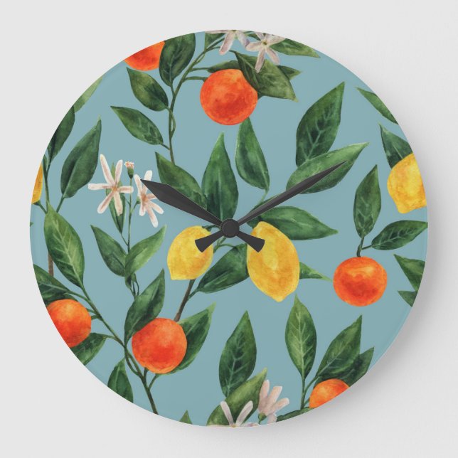 Citrus Grenar: Watercolor Ornamental Mönster Stor Klocka (Framsida)