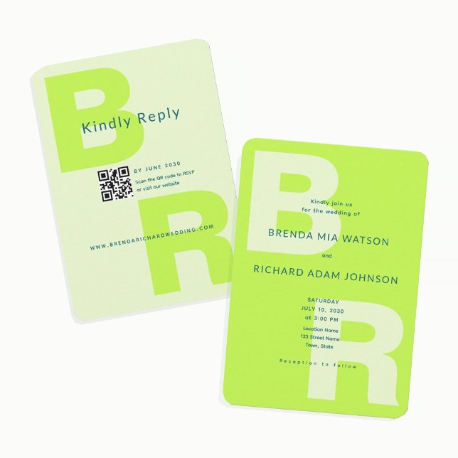 Citrus Grön Fet Initial QR Bröllop Inbjudningar (Skapare uppladdad)