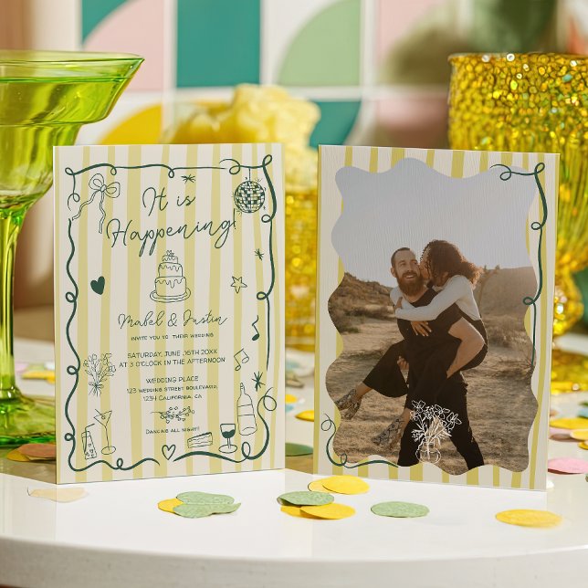Citrus Grön handritade Ränder foto bröllop Inbjudningar (Citrus Green hand drawn Stripes photo wedding Invitation)