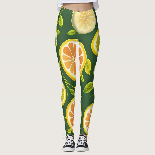 Citrus Grönt Watercolor Mönster Leggings (Framsida)