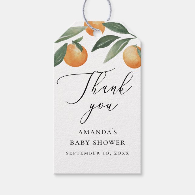 Citrus Grove Baby Shower Tacksam. Elegant Orange Presentetikett (Framsidan)