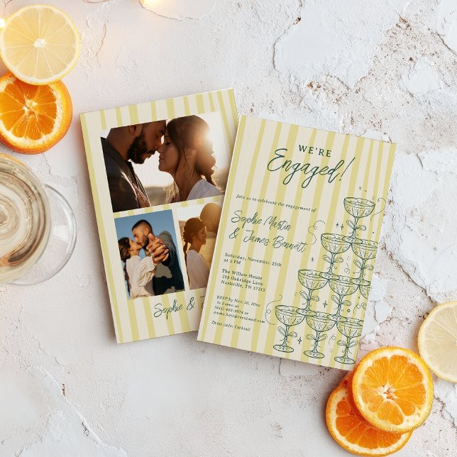 Citrus Gul Champagne Torn Foto Förlovning Inbjudningar (Citrus Yellow Champagne Tower Photo Engagement Invitation)