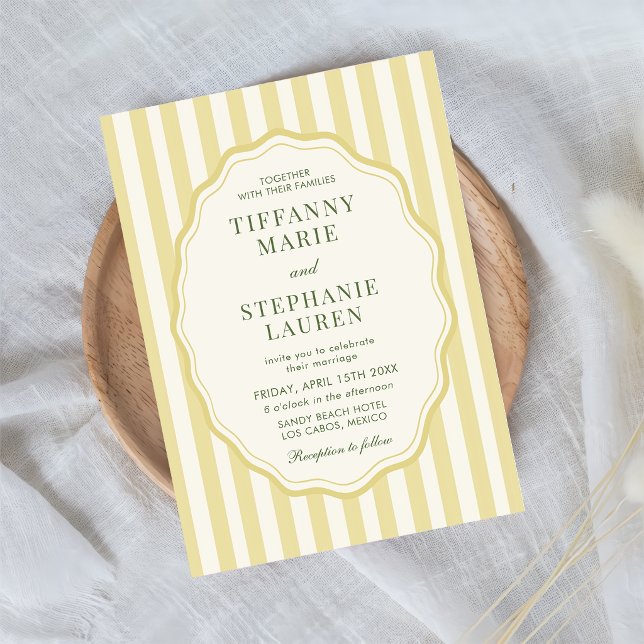Citrus Gul Elegant Modern Randig Bröllop Inbjudningar (Skapare uppladdad)