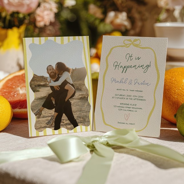 Citrus Gul Grön Band Slinga Foto Bröllop Inbjudningar (Citrus Yellow Green Ribbon Bow Photo Wedding Invitation)