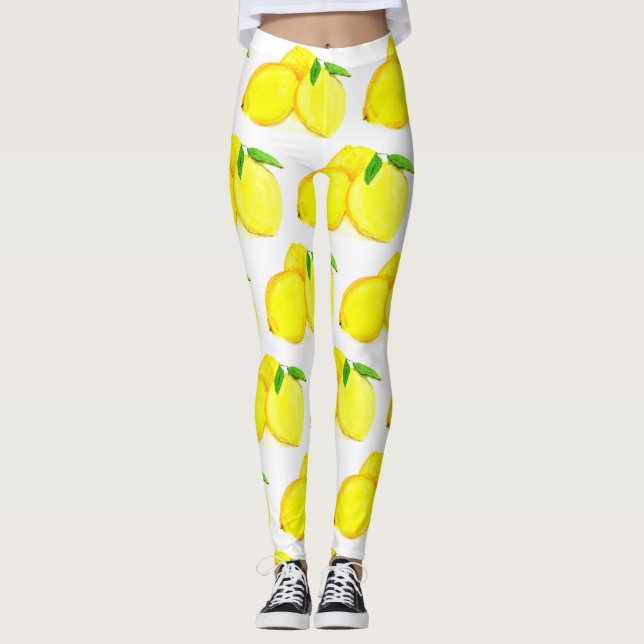 Citrus Gult Fruit Mönster Watercolor Citrus Leggings (Framsida)