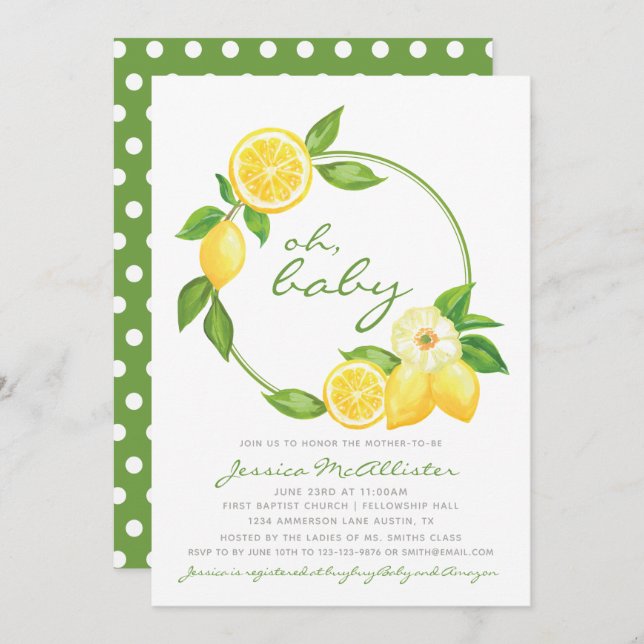 Citrus Gult Grönt Polkadot Baby Shower Inbjudningar (Fram/baksida)