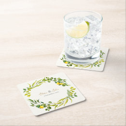 Citrus Gult och Grönt Akvarell Citron Bröllop Underlägg Papper Kvadrat
