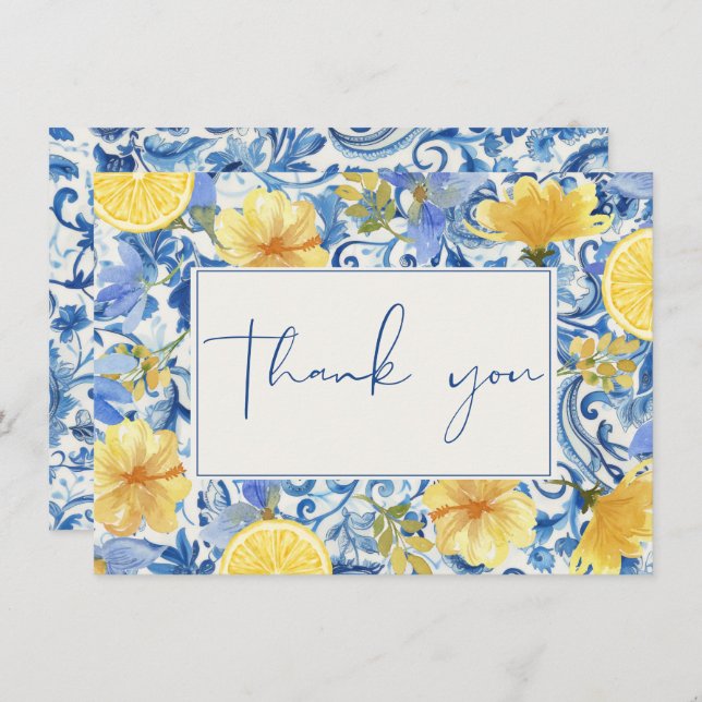 Citrus huvudpress bröllopsdusch i blå färg tack kort (Fram/baksida)