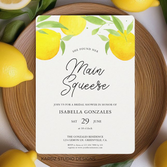 Citrus Inbjudningskort för möhippan (This citrus summer bridal shower invitation is shown in 5 x 7 inches. Other sizes available.)