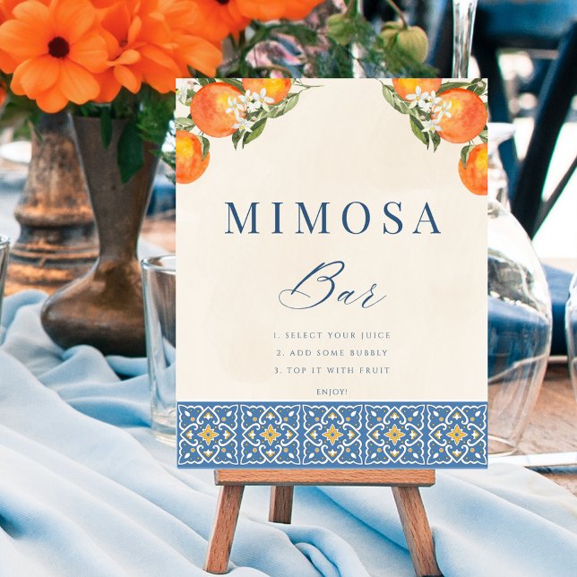 Citrus Italy Blue Tiles Mimosa Pub-tecken Poster (Citrus Italian Blue Tiles Mimosa Bar Sign Poster)