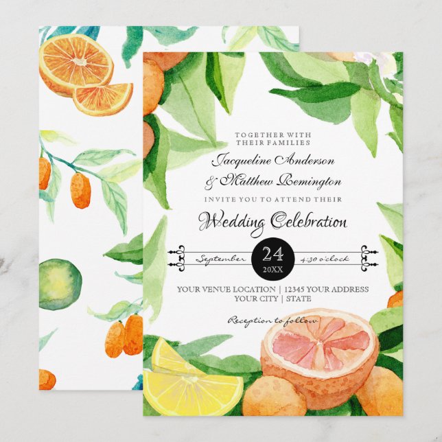 Citrus Kumquat Lemons Orange Typography Löv Art Inbjudningar (Fram/baksida)