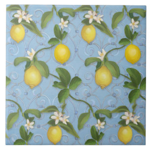 Citrus Lemon Blommigt Dusty Blue Greenery Mönster Kakelplatta