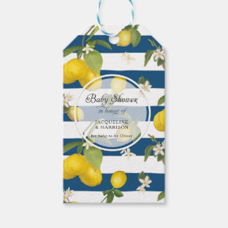 Citrus Lemon Blommigt Foliage Navy Rand Tack Presentetikett