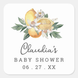 Citrus Lemon Blommigt Watercolor Baby Shower Fyrkantigt Klistermärke