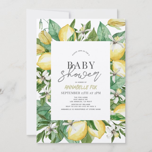 Citrus Lemon Blommigt Watercolor Baby Shower Inbjudningar (Framsida)
