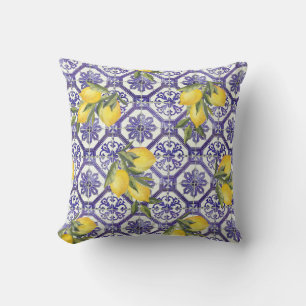 Citrus Lemon Blue Portuguone Tile Mediterranean Kudde