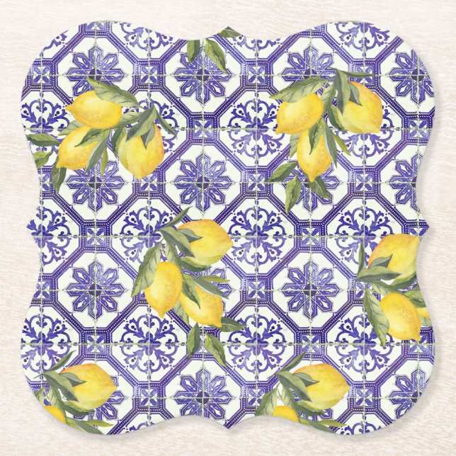 Citrus Lemon Blue Portuguone Tile Mediterranean Underlägg Papper (Framsida)