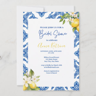 Citrus Lemon Blue Tile Inbjudningskort för möhippa