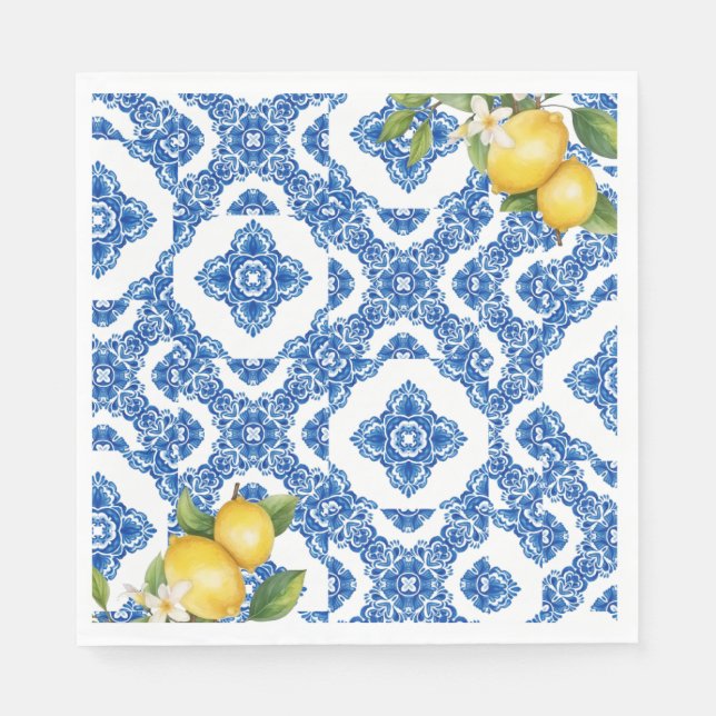 Citrus Lemon Blue Tile Möhippa Papper Napkins Pappersservett (Framsidan)
