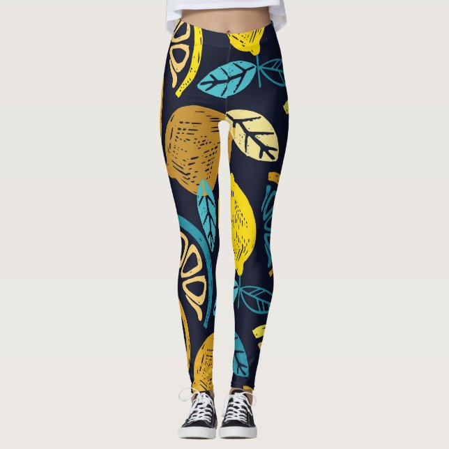 Citrus Lemon Doodle Mönster Background Leggings (Framsida)