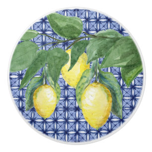 Citrus Lemon Foliage Watercolor Mönster Navy Blue Knopp