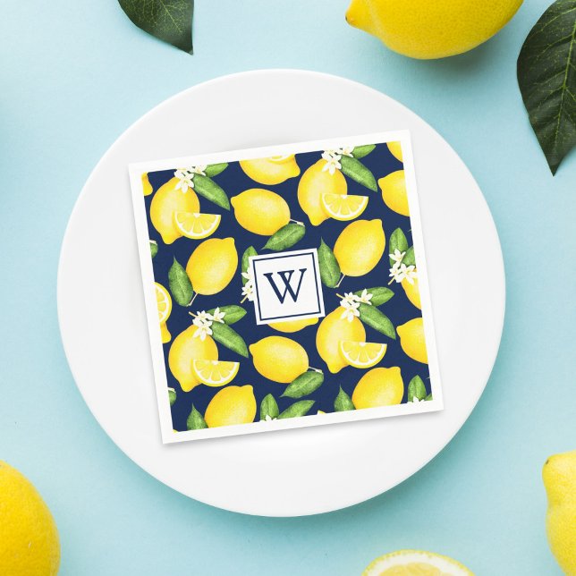 Citrus Lemon Navy Blue Monogram Napkins Pappersservett (Skapare uppladdad)